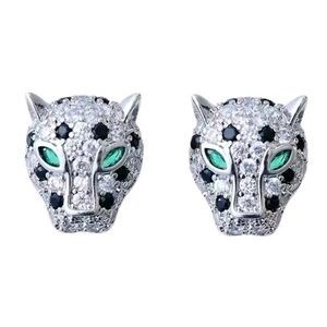 💎PANTHER Black Stone and Pave Earrings, Cheetah, Pierced Emerald GreenEyes